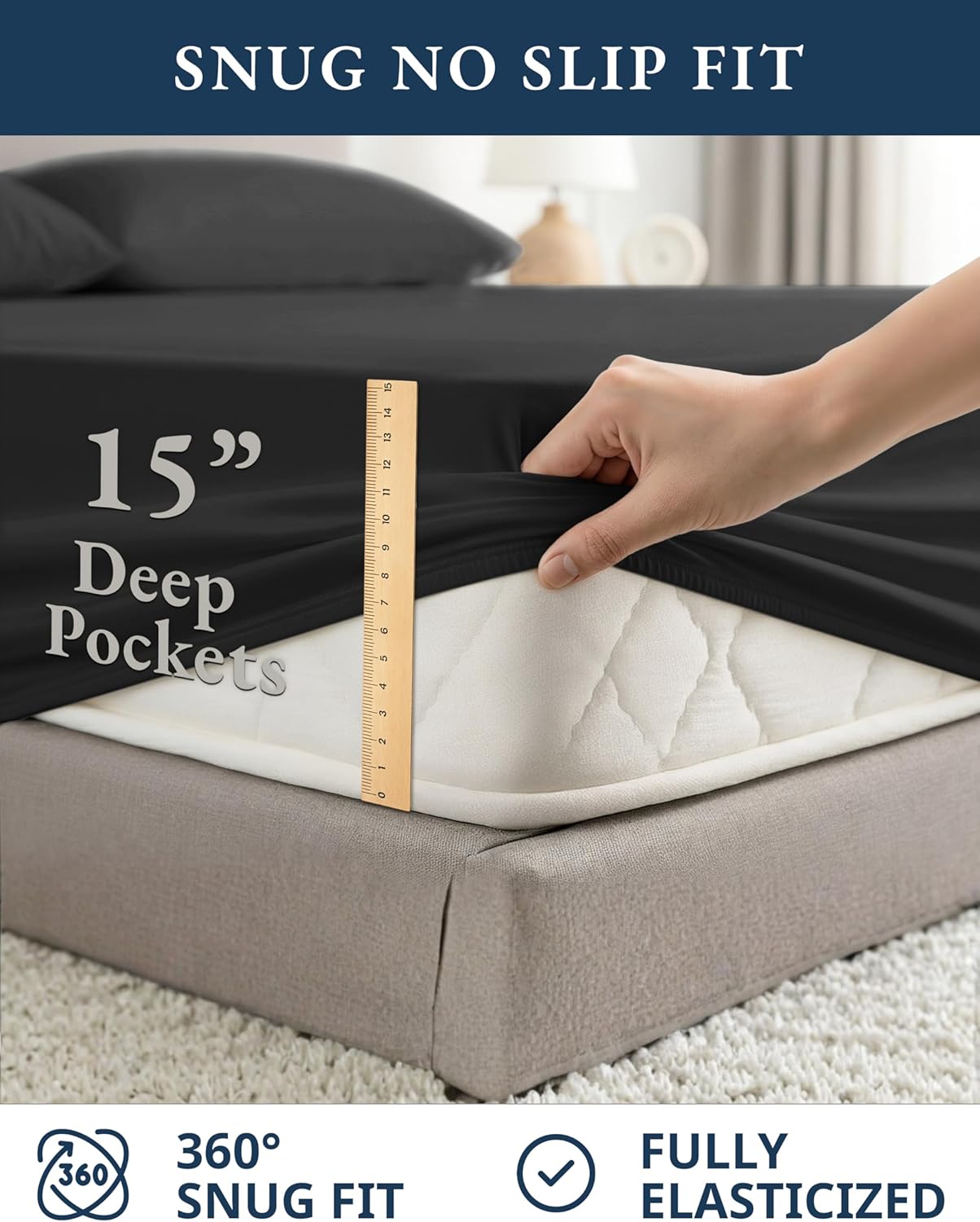 LANE LINEN King Size Organic Cotton Bed Sheets - Soft, Comfy Percale Bedding Set | Black Color