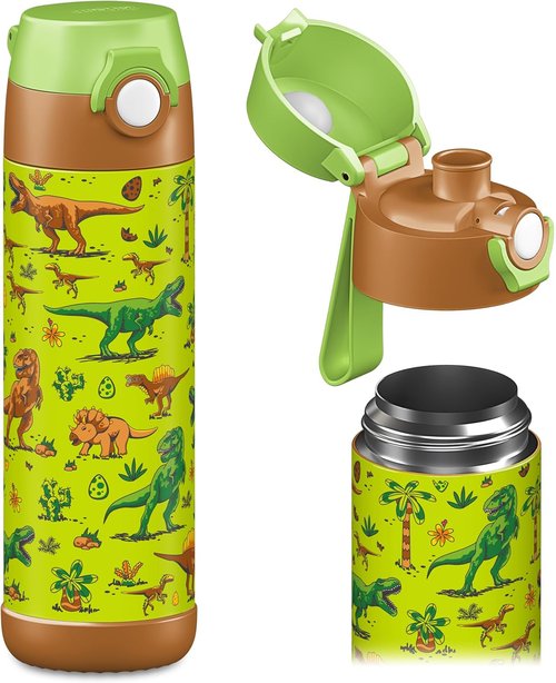 Jarlson® Kids Water Bottle MALI - Insulated 18oz Stainless Steel Thermo Bottle | Leak Proof for School & Sports (Dinosaurs)