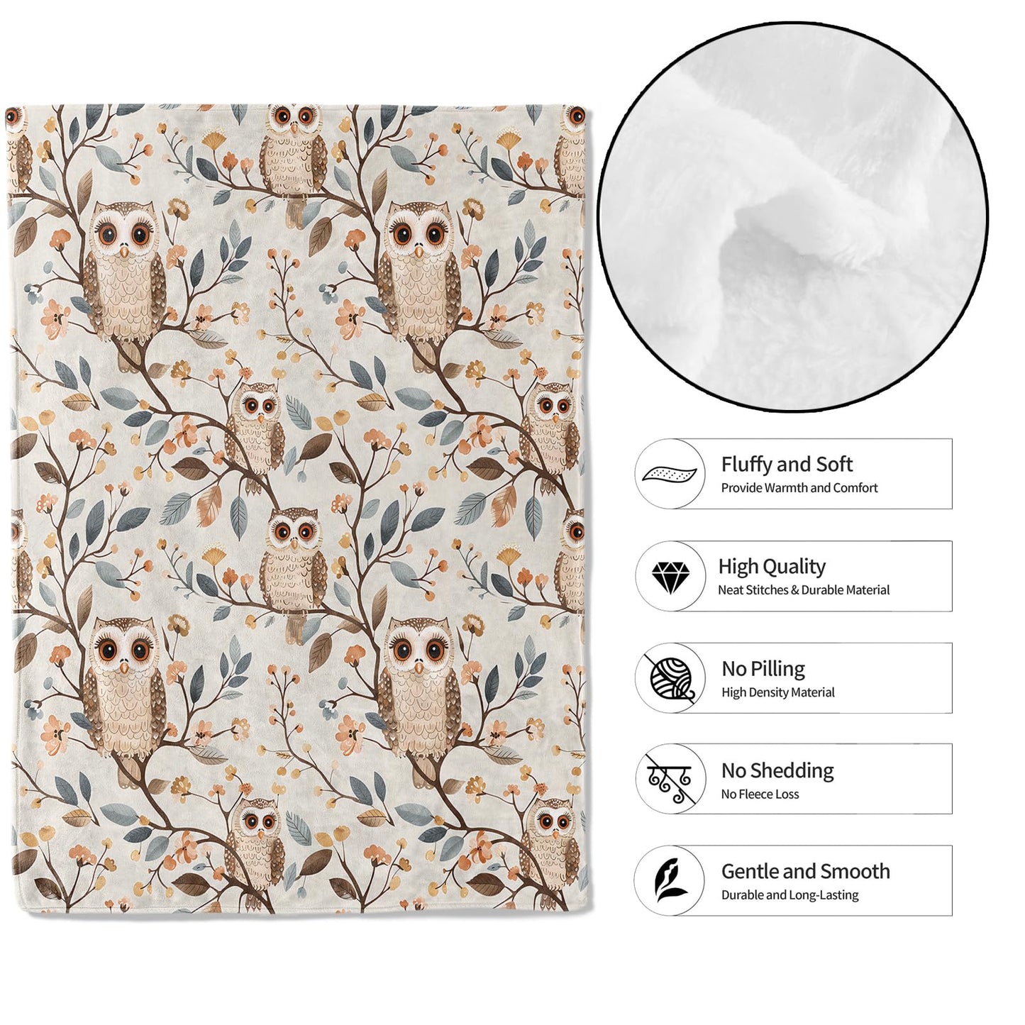 MIEPOS Cute Owl Throw Blanket,50x60in,Soft,Lightweight Flannel,Adorable Cartoon Bird and Branch Blankets - Gifts for Adult & Animal Lovers,for Couch Office Travel,Home Living Room Decor