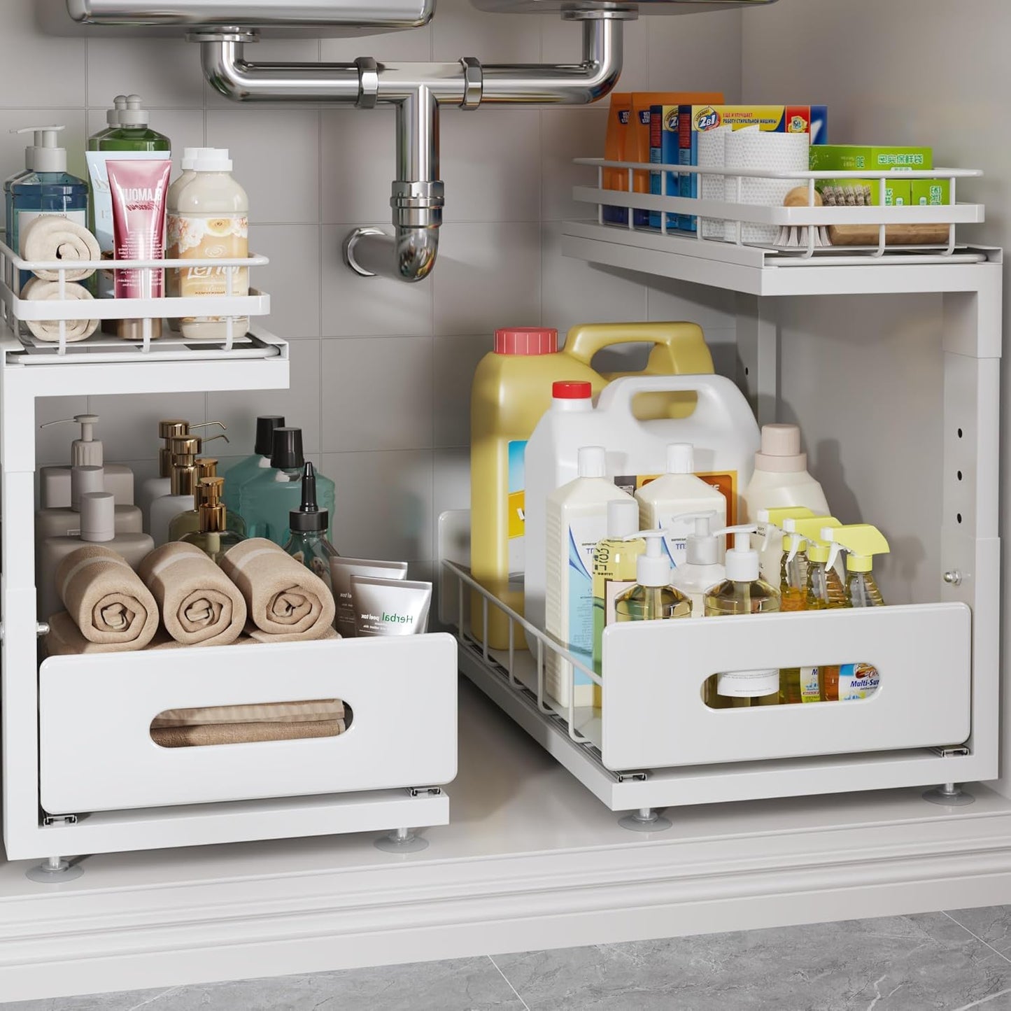 Under Sink Organizer | Professional 2-Tier Dual Pull-Out Cabinet Storage - Height Adjustable Drawers, 2 Pack, White