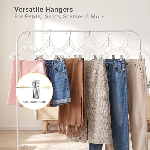 HOUSE DAY Clear Plastic Pants Hangers - 12 Pack Non-Slip Skirt Hangers with Adjustable Clips & 360° Swivel Hook