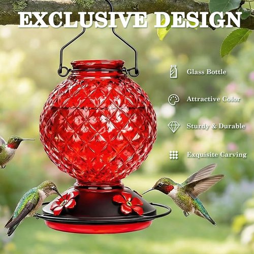 Glass Hummingbird Feeder - 25 OZ Outdoor Nectar Feeder with 4 Bee Guards & Ant Moat | 2 Pack, Red