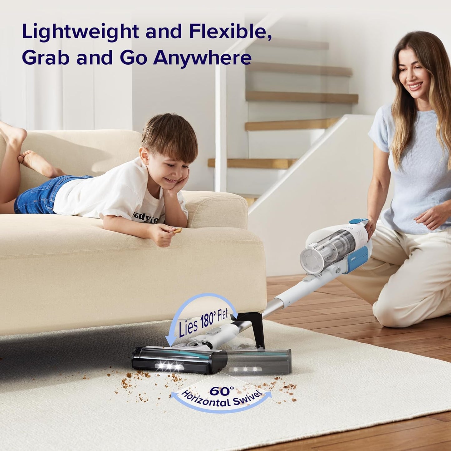 LEVOIT Cordless Stick Vacuum - Strong Suction, Anti-Tangle, LED Headlights, Removable Battery | White & Blue