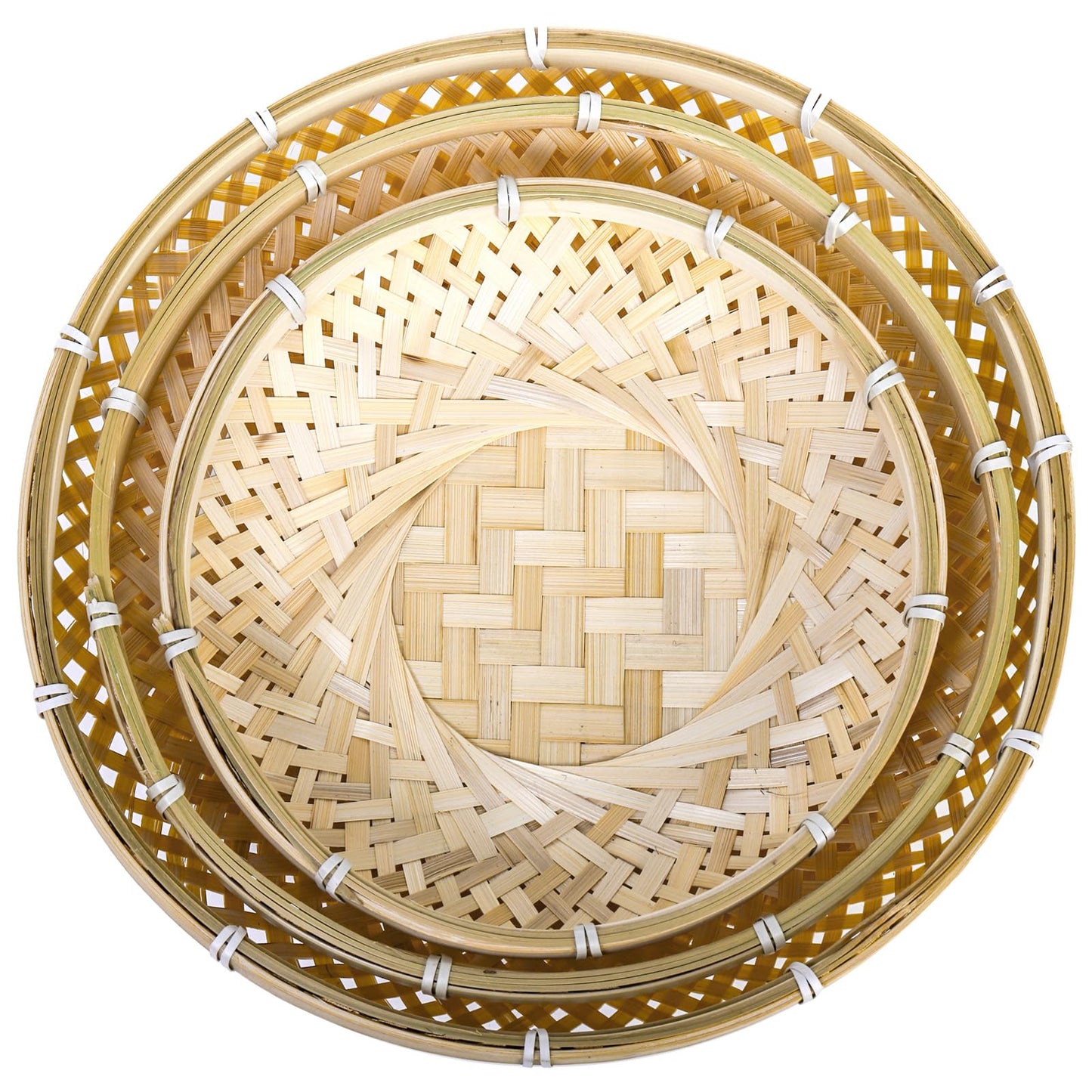 Hiceeden 3 Pack Round Bamboo Serving Trays, Decorative Wicker Basket Tray for Food, Natural Woven Shallow Tray for Fruit, Vegetables, Bread