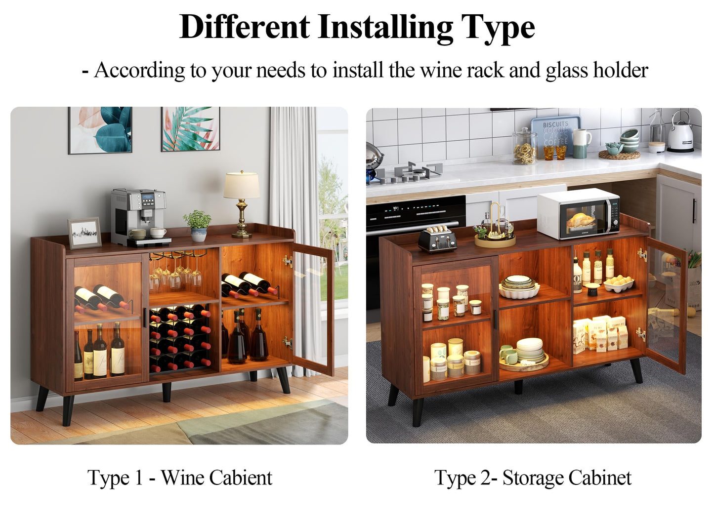 Loomie Wine Bar Cabinet with LED Light, Home Coffee Cabinet with Wine Rack and Glass Holder, Kitchen Buffet Sideboard W Storage Shelf, Freestanding Liquor Cabinet for Living Room, Dining Room (Walnut)