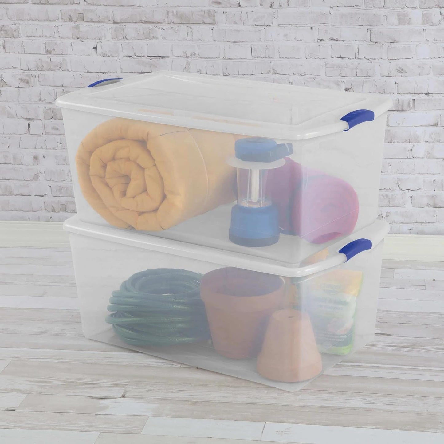Regine Switzerland 105 QT Transparent Storage Box - Stackable with Blue Lock Mechanism | Ideal for Seasonal Clothing & Garage Organization