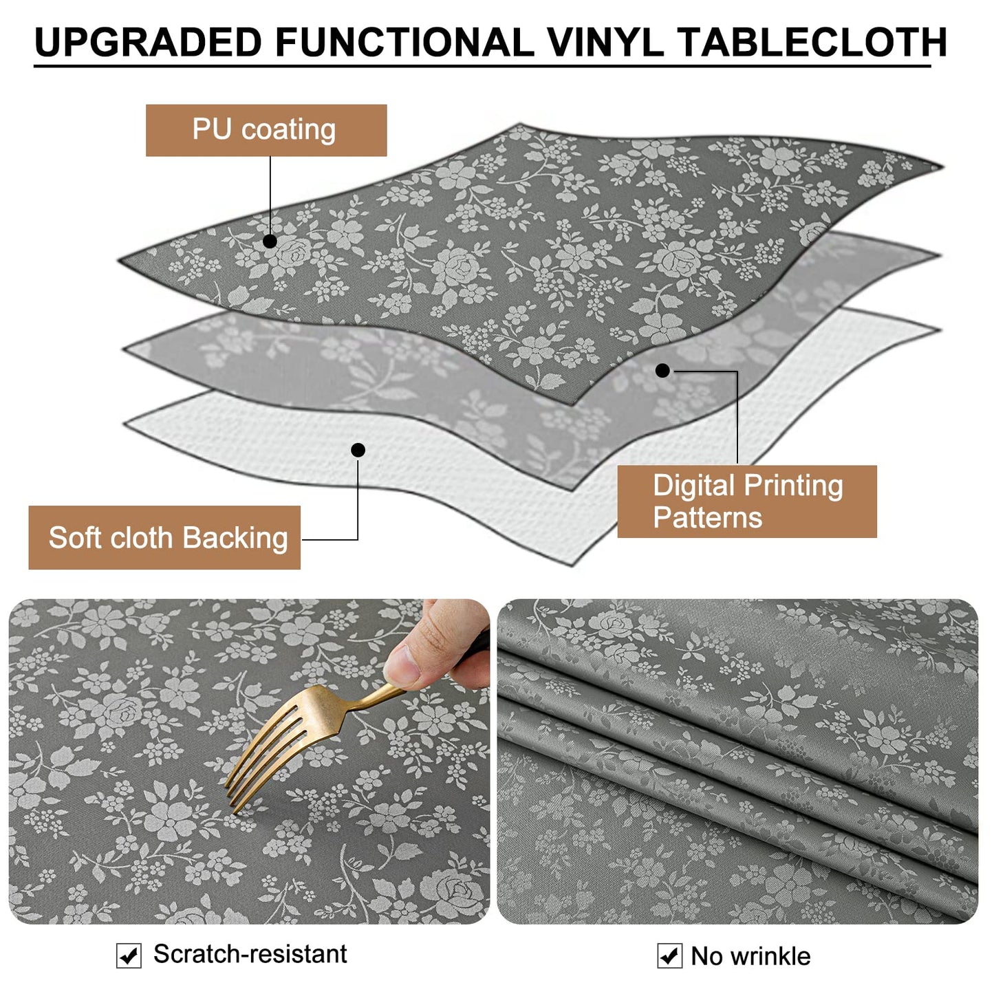 Smiry Rectangle Table Cloth, Waterproof Heavy Duty Vinyl Tablecloths, Wipeable Washable Table Cover for Kitchen and Dining Room (Grey, 70" X 90")