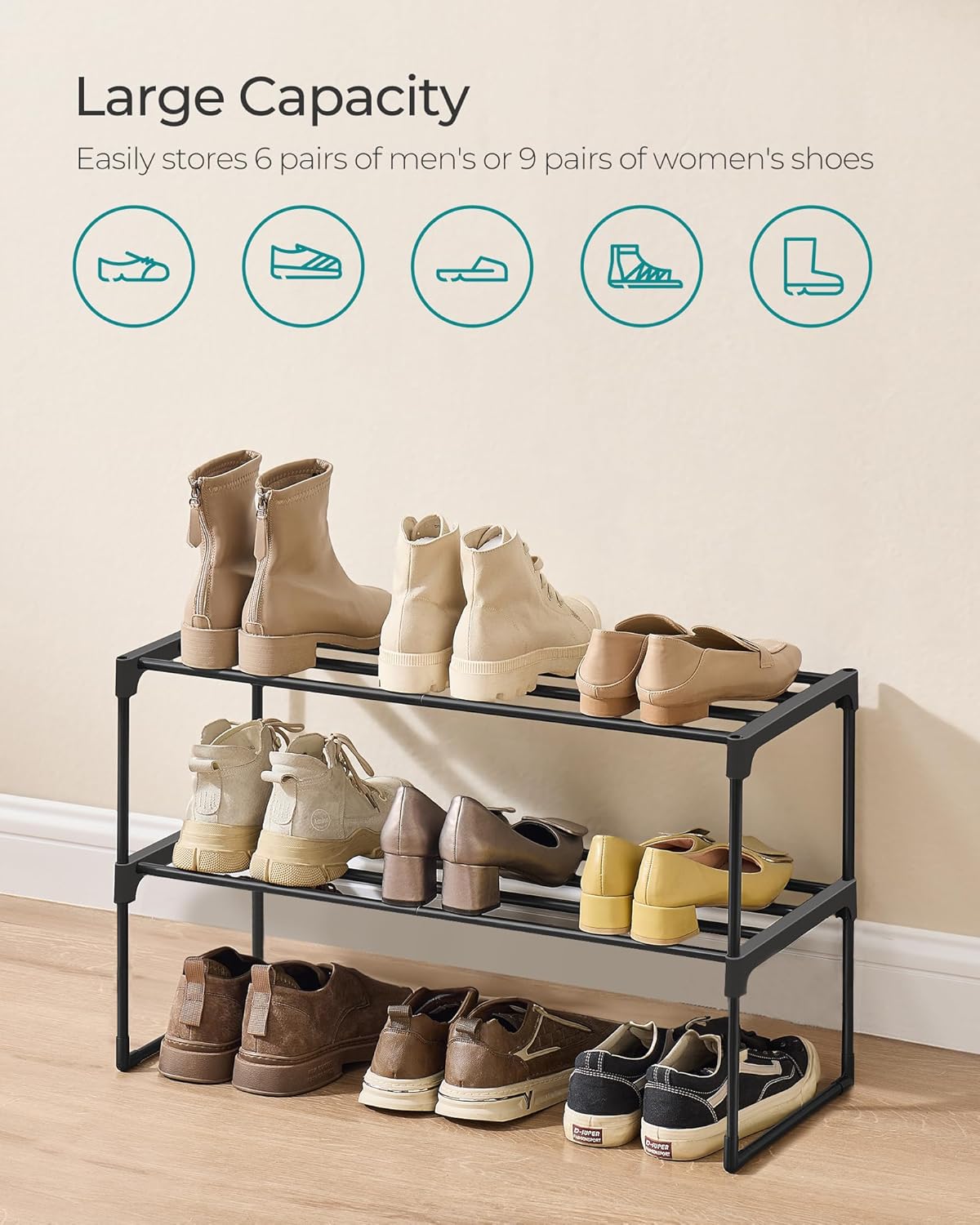 SONGMICS 2-Tier Shoe Rack - Stackable Metal Organizer for 6-9 Pairs | Entryway Storage, Black 11.8 x 26.8 x 14.6 Inches