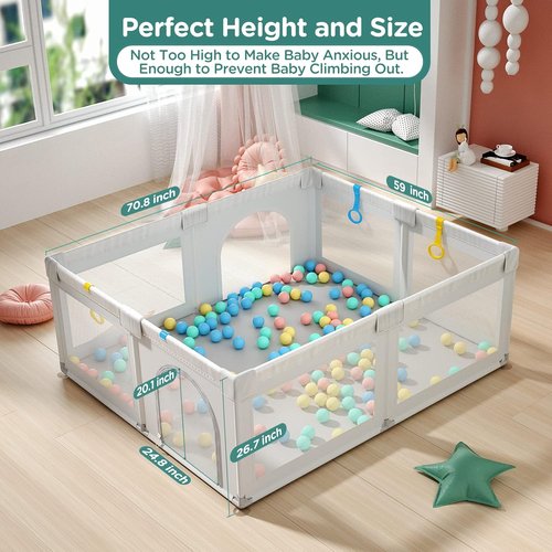 Cherrysea Baby Playpen - Large Anti-Fall Safety Play Center with Gate & 30 Ocean Balls | Sturdy Toddler Fence