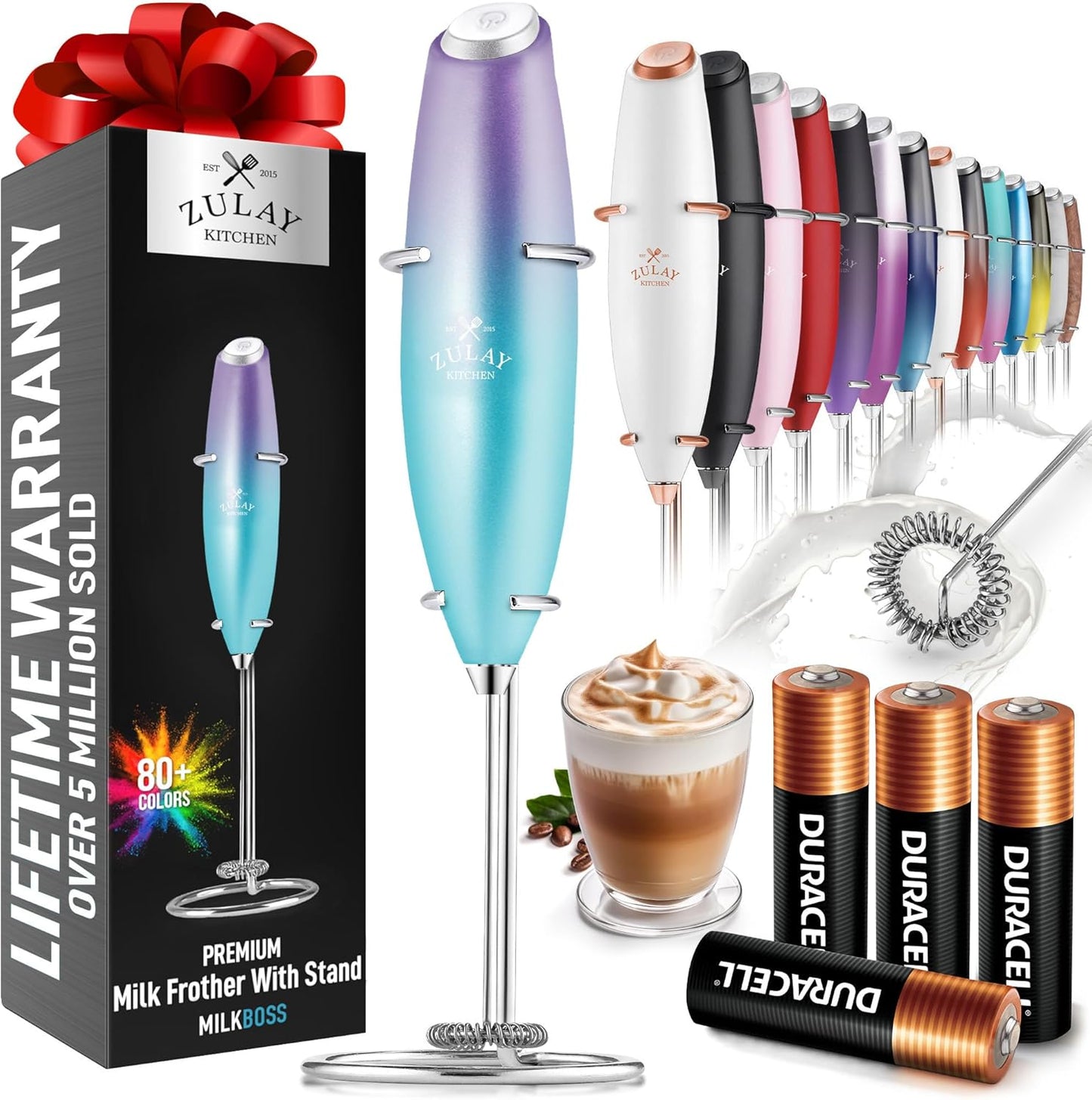 Zulay Kitchen Milk Frother Wand - Ultra-Fast Handheld Drink Mixer with 4 AA Duracell Batteries | Perfect for Coffee, Lattes, Cappuccino, Matcha & Creamer
