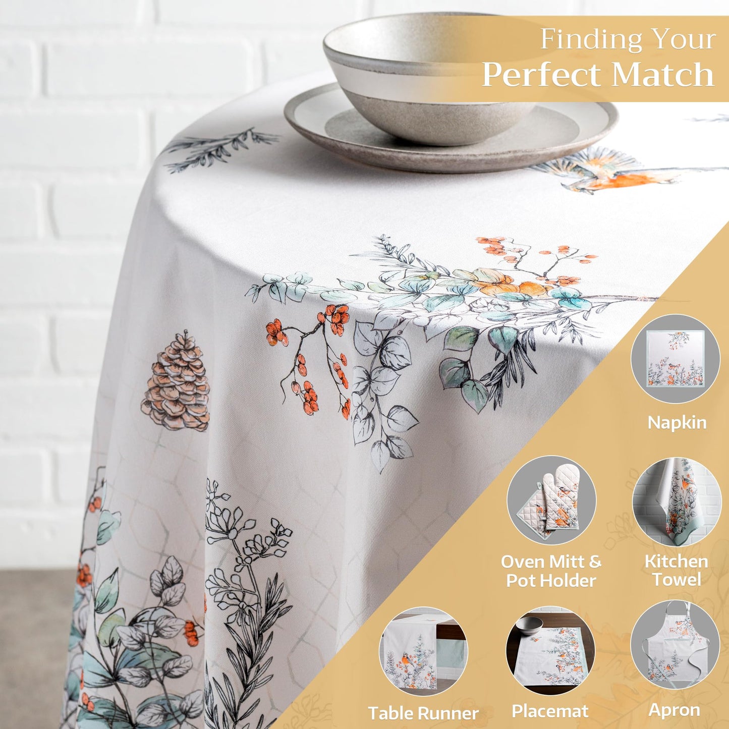 Maison d' Hermine Table Cloth Round Table 100% Cotton 69 Inches Fall Tablecloth Reusable Everyday Use for Thanksgiving Christmas Decorations Dining Farmhouse Party (Whitish Shabby Chique)