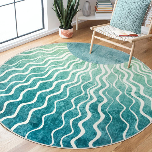 Wonnitar Boho Sun Print Round Rugs 5ft, Washable Circular Rug Green Round Carpet for Bedroom, Soft Sunset Distressed Non Slip Circle Carpet for Dining Room Living Room Office, Teal/Multi
