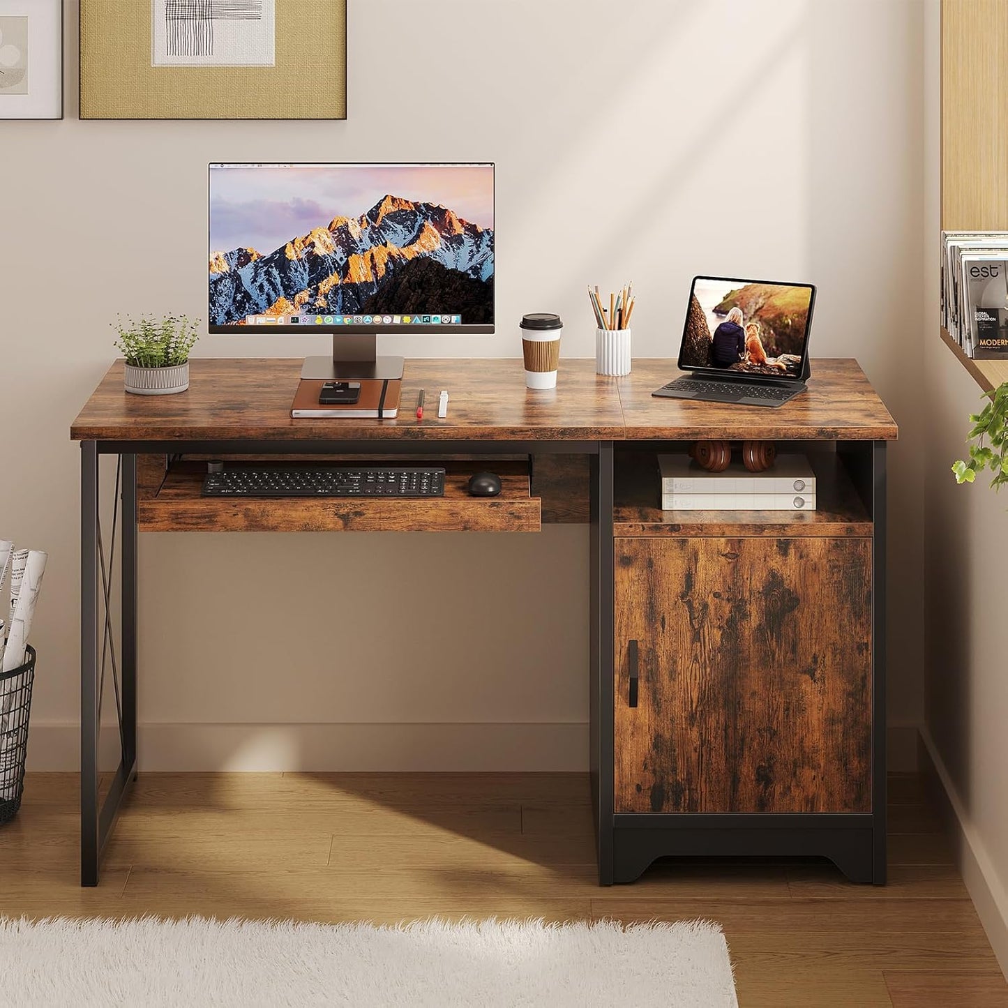 Bestier Office Desk - 47-Inch Industrial Computer Desk with Keyboard Tray & Storage | Rustic Brown