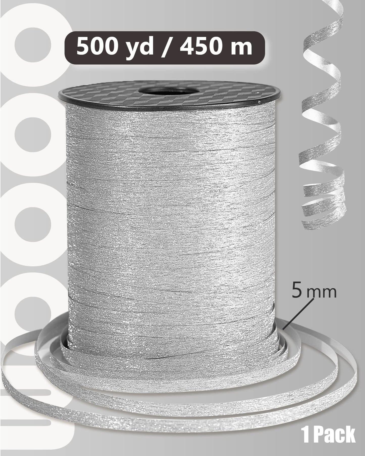 PartyWoo Silver Glitter Ribbon - 500 Yard Curling Ribbon for Balloons, Crafts, Gift Wrapping, Weddings & Floristry (1 Roll)