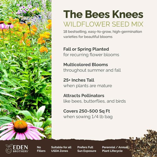 Eden Brothers Wildflower Mixed Seeds - Attract Pollinators | 1/4 lb, 120,000+ Seeds, Plant in Spring or Fall