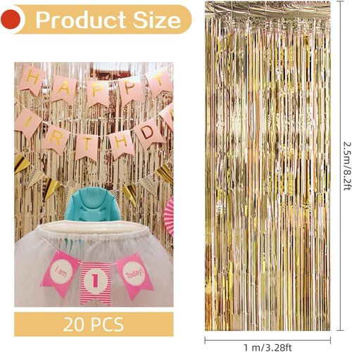 Champagne Gold Foil Curtain Backdrop - 20 Pack | 3.2ft x 8.2ft Metallic Tinsel Streamers for Parties