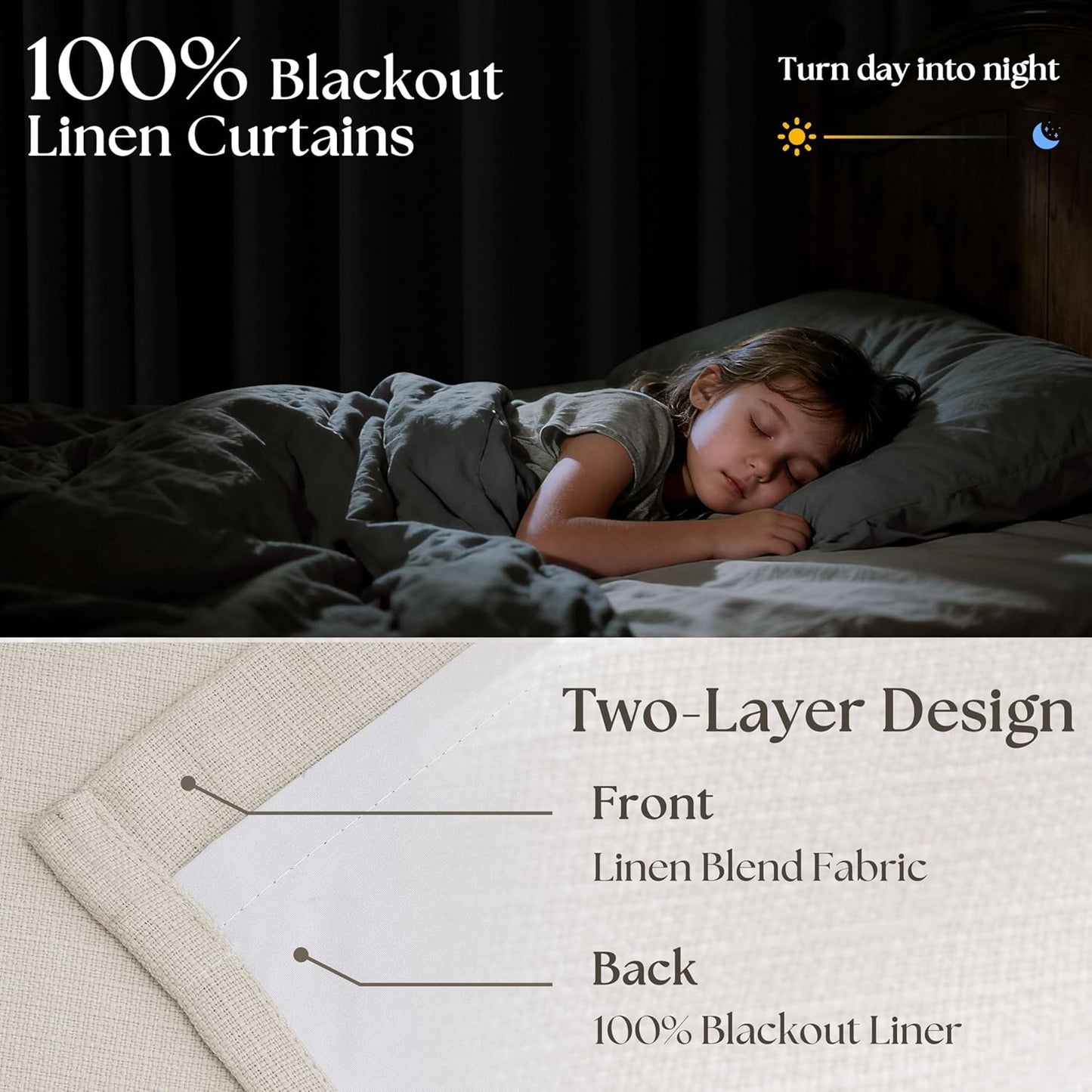 Skiennix 100% Blackout Linen Curtains - 96 Inch Length | Light Blocking Dual Layer Drapes in Cream Ivory