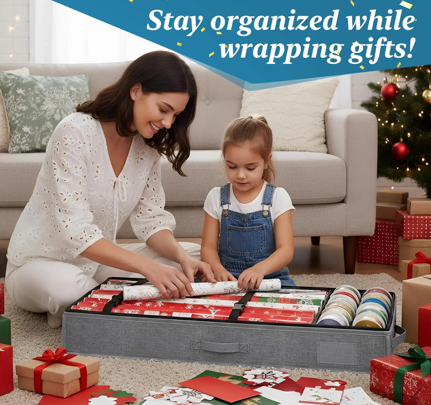 Skiennix Christmas Wrapping Paper Storage - 30 Roll Organizer | Waterproof & Stain-Resistant, Gray