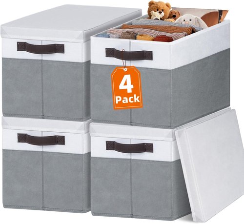 Extra Large Storage Baskets - 33 QT Decorative Organizers with Lids | 4 Pack for Living Room & Closet - 16x12 in