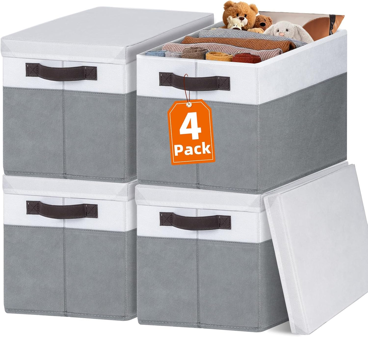 Large Closet Storage Baskets by [Brand Name] - Stackable Organizing Bins with Lids | 4-Pack for Nursery, Bedroom, and Home - 14x10x9.5