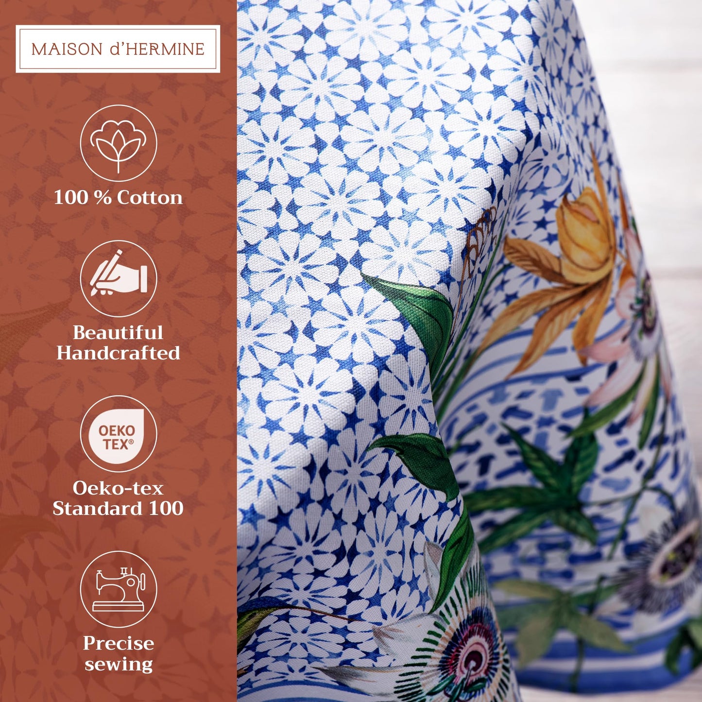 Maison d' Hermine Table Cloth Round Table 100% Cotton 63 Round Inches Tablecloth Reusable Decorative for Dining Kitchen Room Farmhouse Home Gifts for Mothers Day Spring Summer - Passiflora