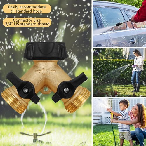 Biswing Garden Hose Splitter - Heavy Duty Brass 2-Way Tap Connector with 2 Valves & Extra Washers