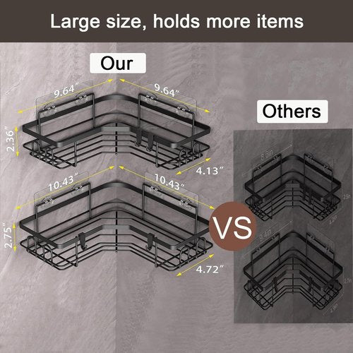HuggieGems Corner Shower Caddy Organizer - 2 Pack Black Bathroom Shelves with Hooks for Efficient Storage
