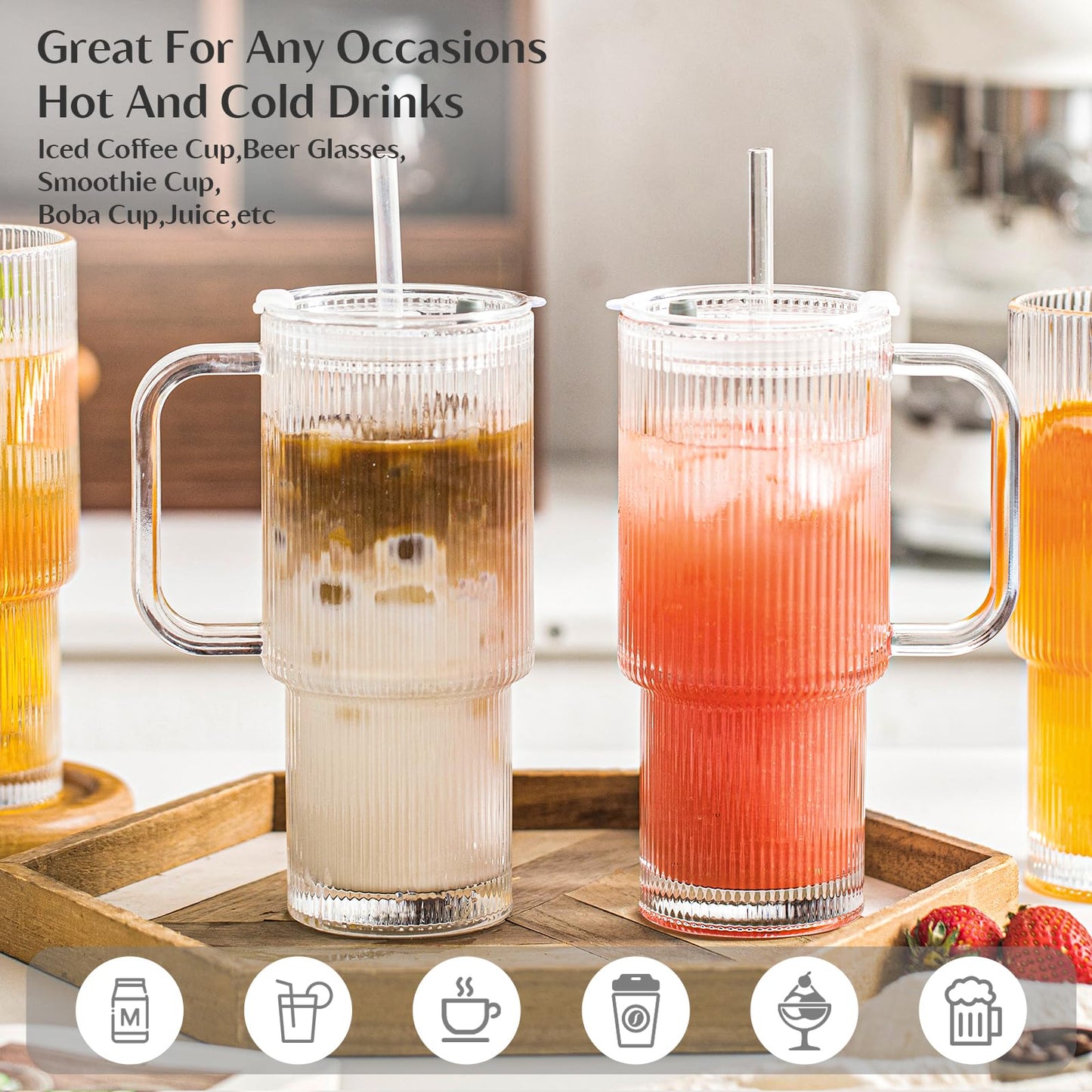 INSETLAN 24oz Ribbed Glass Tumbler with Handle & Lid – 2-Pack Large Iced Coffee Cups with Straws, Modern Glass Mug for Cold & Hot Beverages, Aesthetic Travel Cup for Smoothies, Tea, and Juice