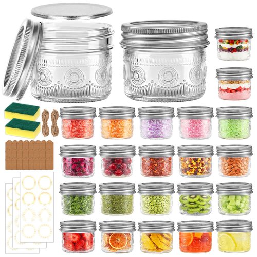 Alotpower 4 oz Glass Mason Jars with Embossed Pattern 24 Pack, Small Canning Jars with Airtight Lids, Mini Glass jars for Jams, Jelly, Honey, Spices,Desserts,Wedding Favors and Gift Packaging