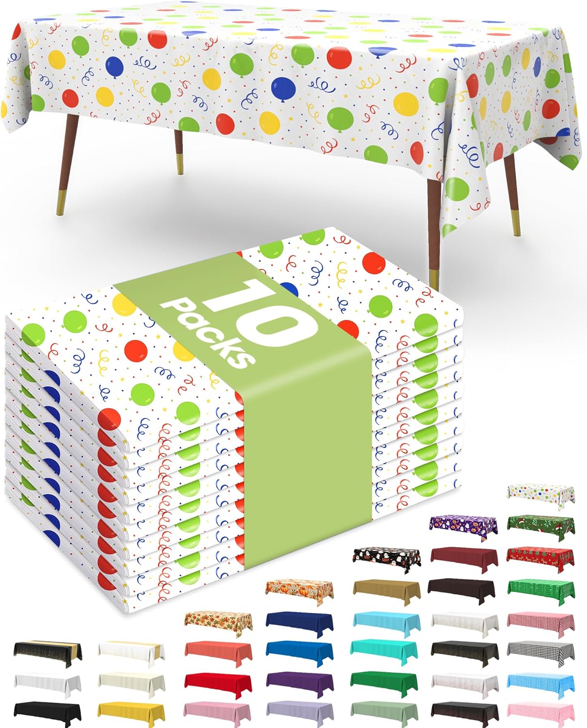 Pureegg Disposable Plastic Tablecloths - 10 Pack, 54 x 108 Inch, Sturdy Rainbow Design for Parties & Picnics