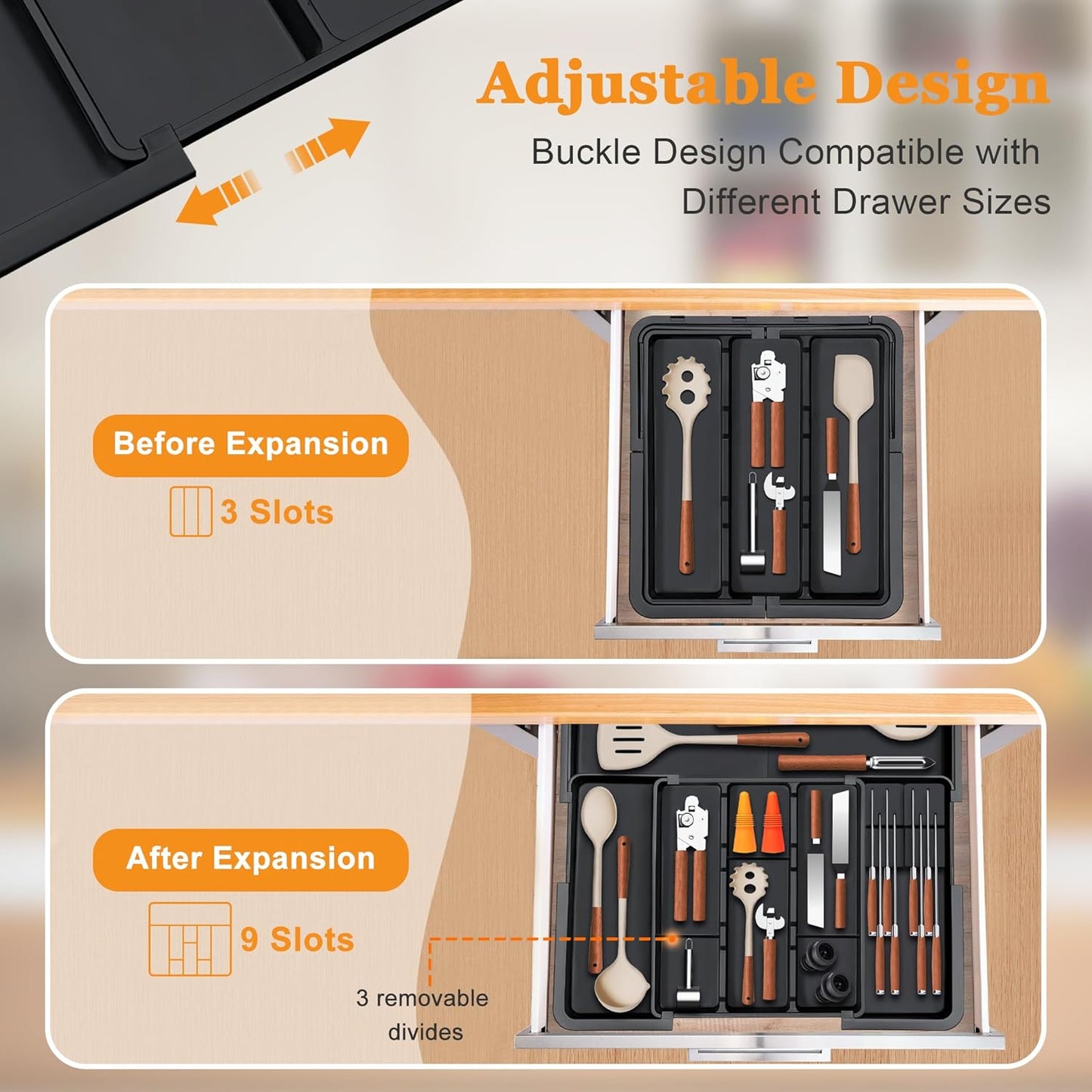 Skiennix Large Utensil Drawer Organizer - Expandable Silverware Holder with Removable Knife Block | Black