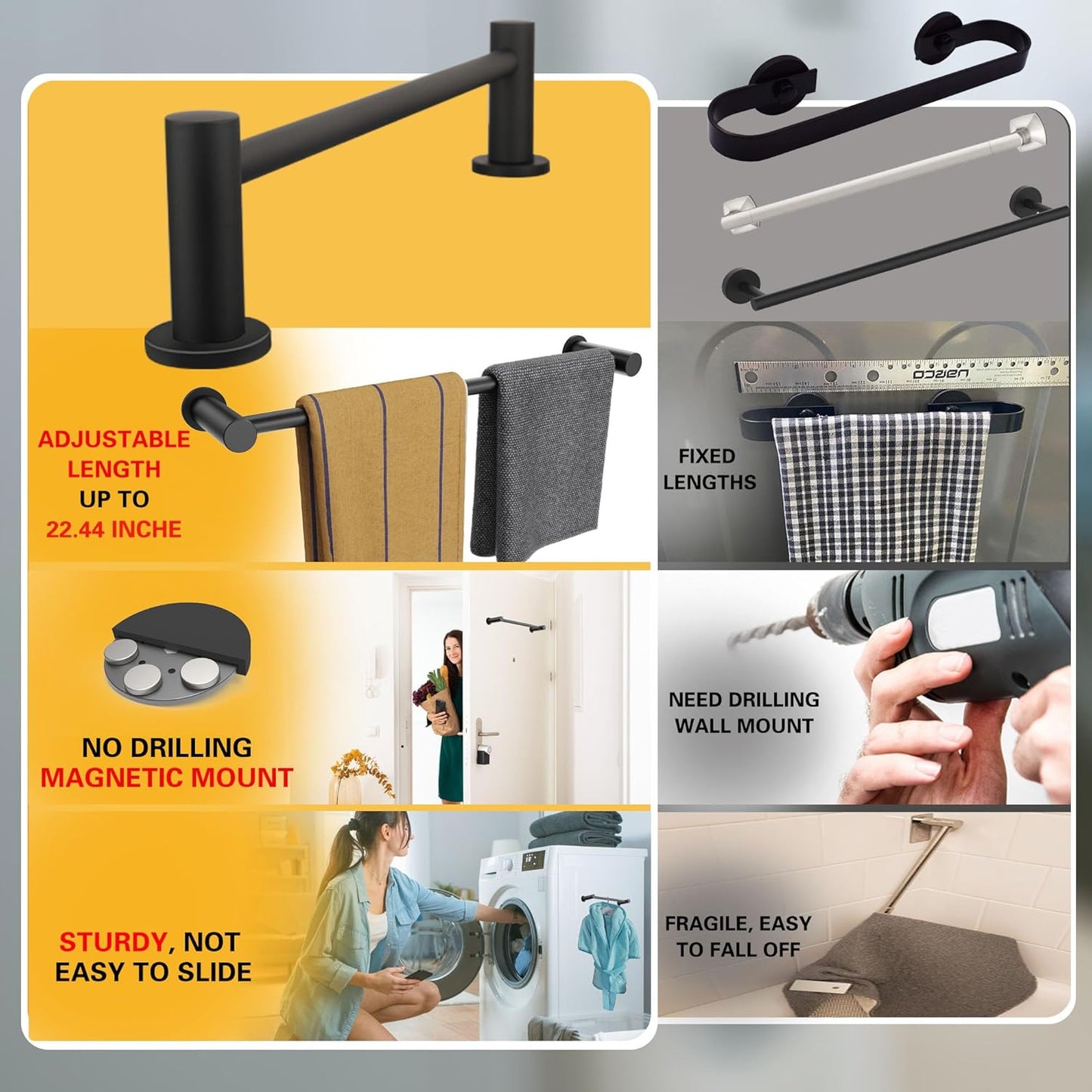 ULIBERMAGNET Magnetic Towel Holder - Adjustable Length Non-Slip Bar for Whiteboards & Refrigerators | 2 Pack