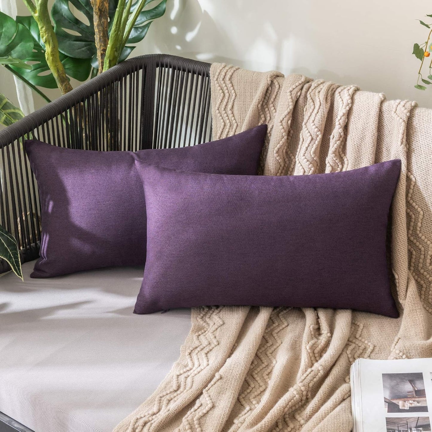MIULEE Waterproof Outdoor Throw Pillow Covers - Pack of 2 Faux Linen Cushion Cases | 20x12 Inch Purple