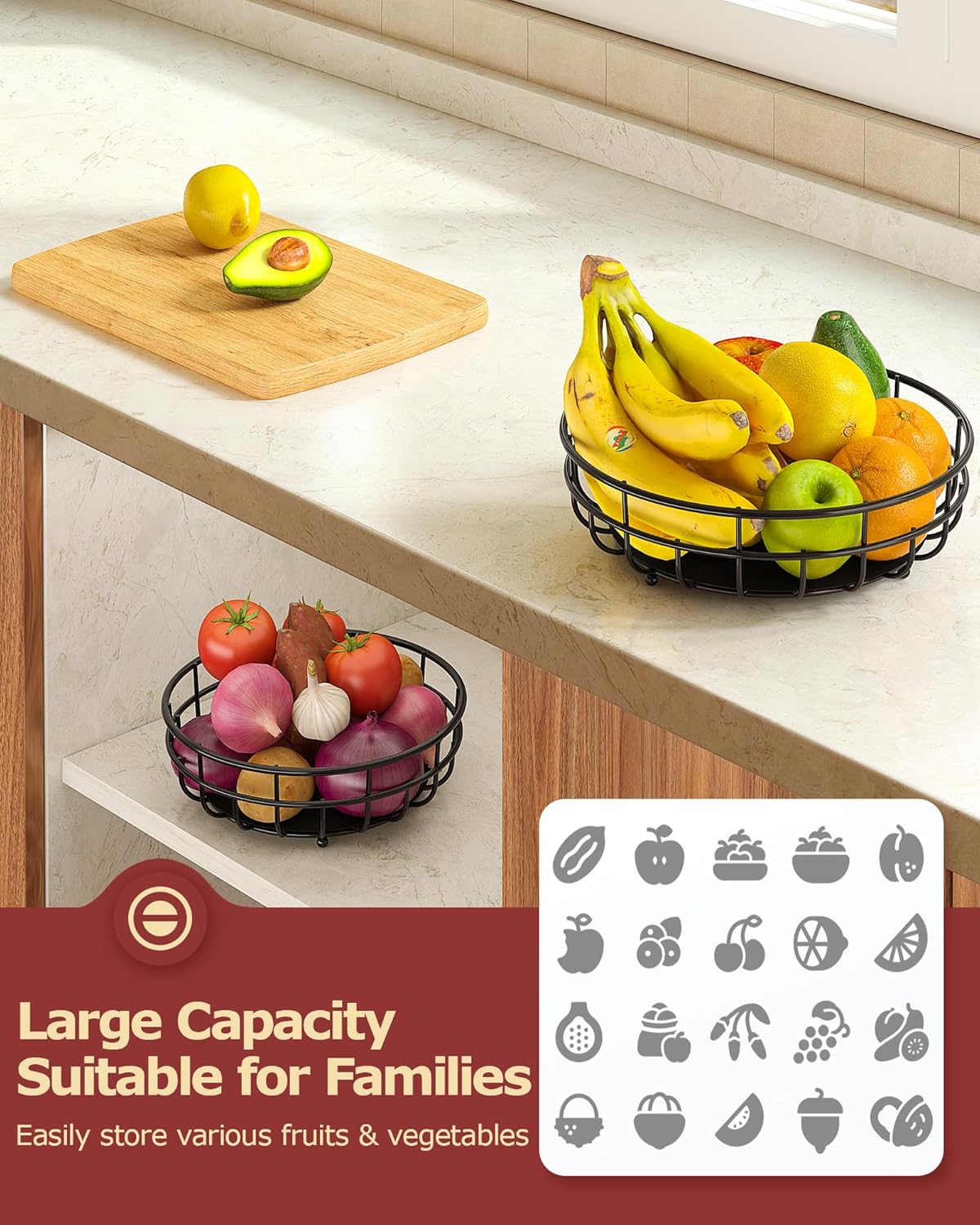 Sevenblue 2-Tier Large Fruit Basket - Sturdy Iron Kitchen Counter Bowl with Removable Banana Hanger | Black