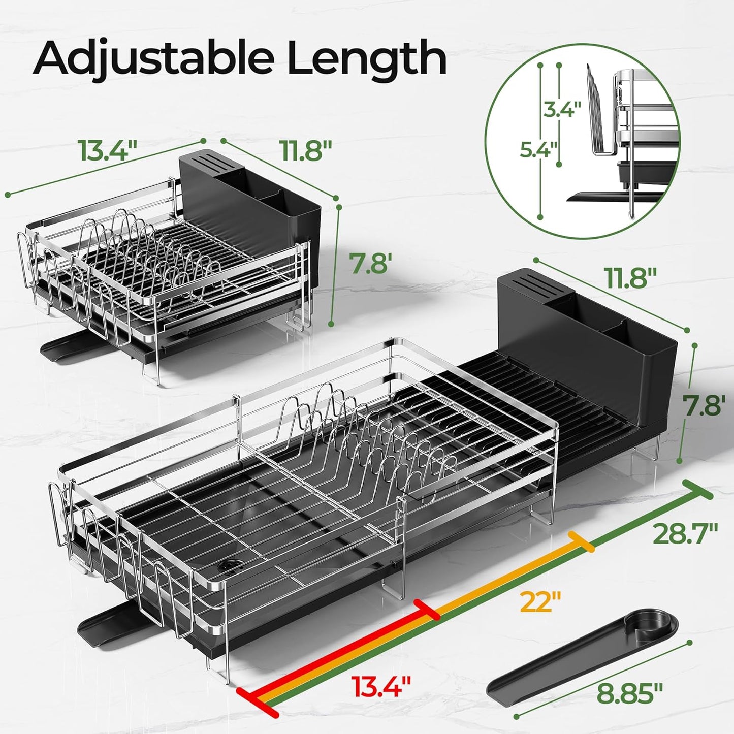 Skiennix Large Expandable Dish Drying Rack - Stainless Steel Anti-Rust Kitchen Drainer | 13.4"-28.7" L x 11.8" W