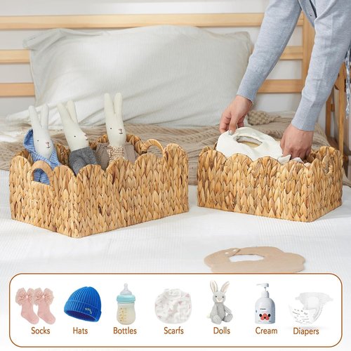 FairyHaus Wicker Storage Baskets - Handwoven Scalloped Design, Natural Water Hyacinth | 2-Pack, Large & Small