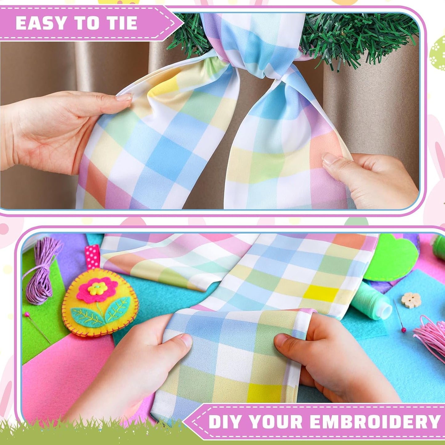 Skiennix Wreath Sash - Satin Blank Sash for Embroidery | Pastel Easter Buffalo Plaid Decor