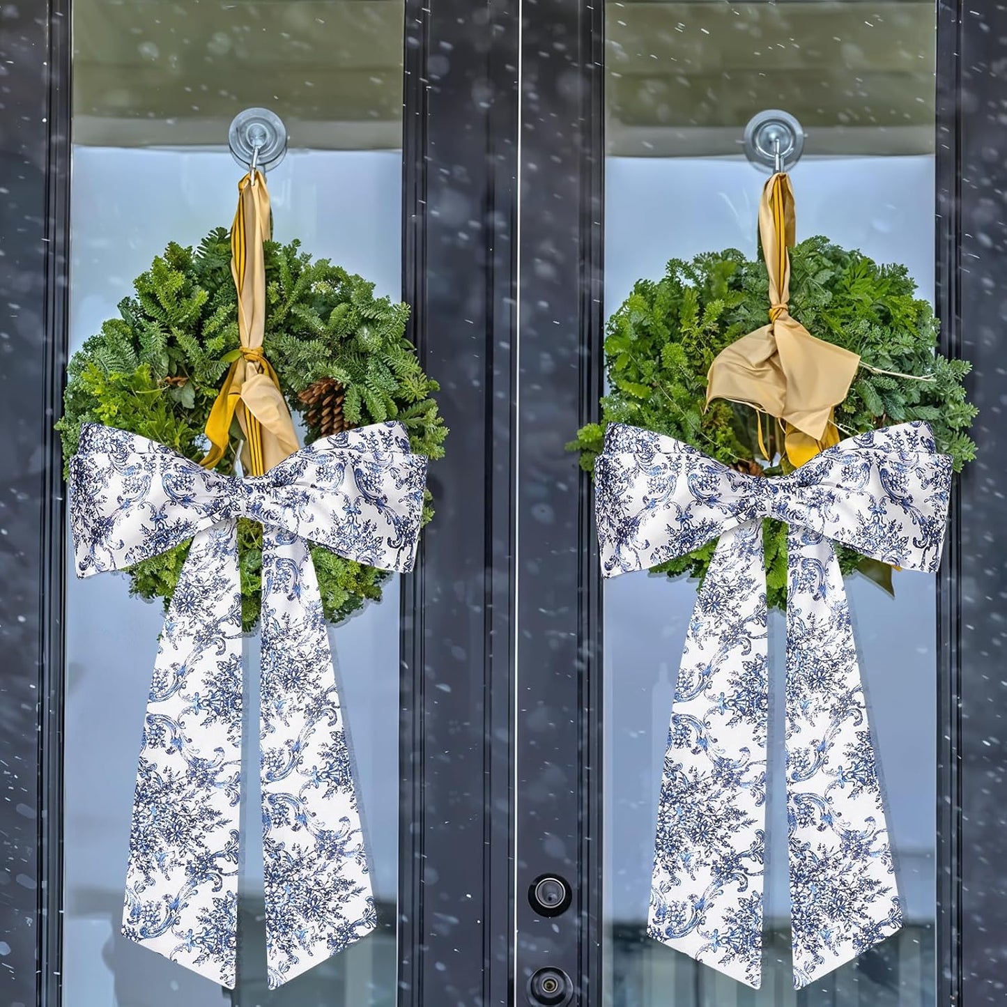 Skiennix Chinoiserie Satin Blue & White Flower Wreath | 2-Piece Door & Wall Decor Set