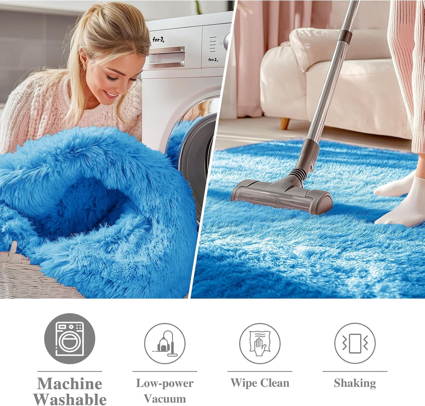 OLANLY Bright Blue Round Rug - Soft, Fluffy Shaggy Carpet | 2 ft Machine Washable Area Rug for Bedroom & Living Room Decor