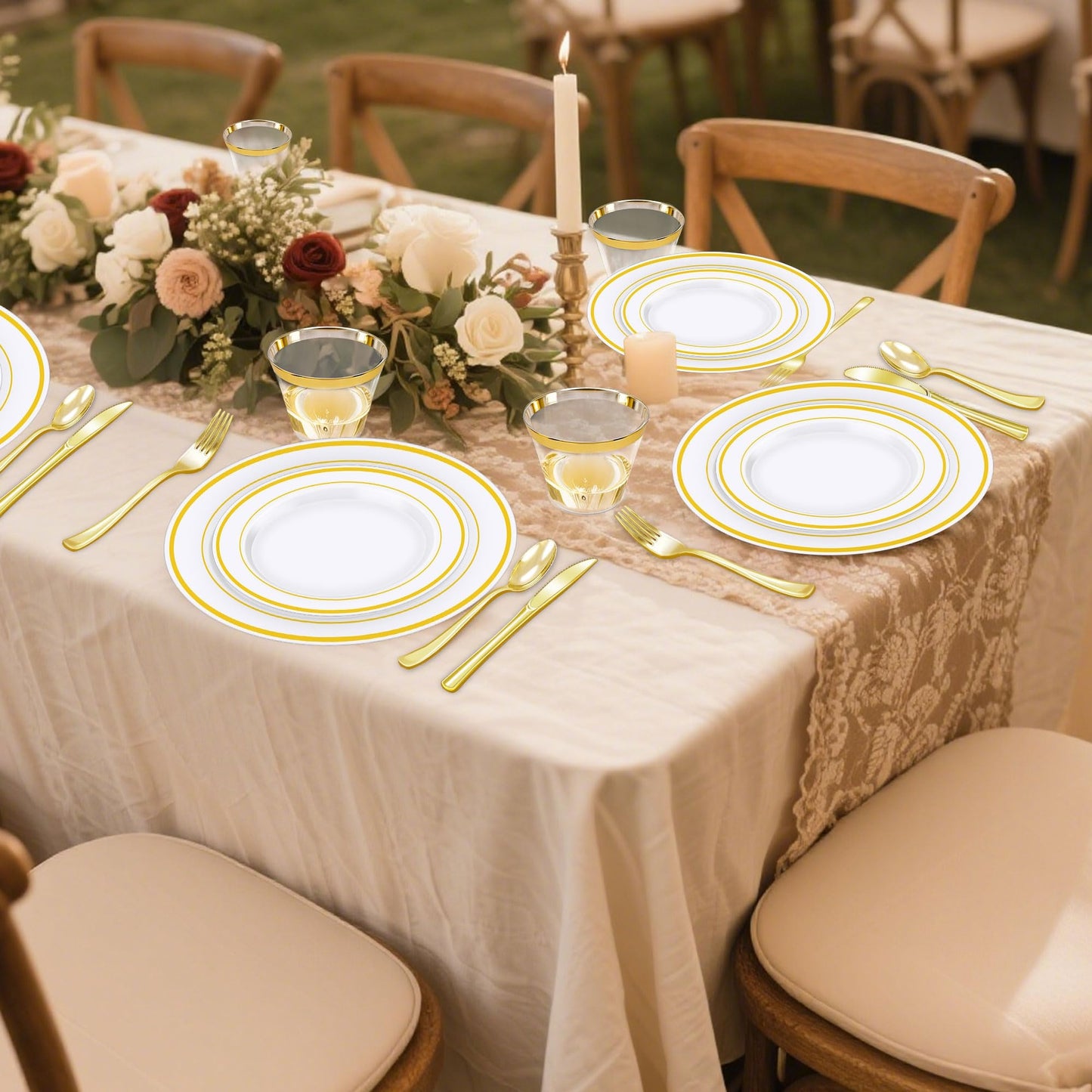 Zcaukya 100PCS Gold Plastic Plates, Disposable Plastic Dishes with Gold Rim in Bulk, 50 Pcs Each 10.25 Inch and 7.5 Inch for Dinner, Birthday and Wedding