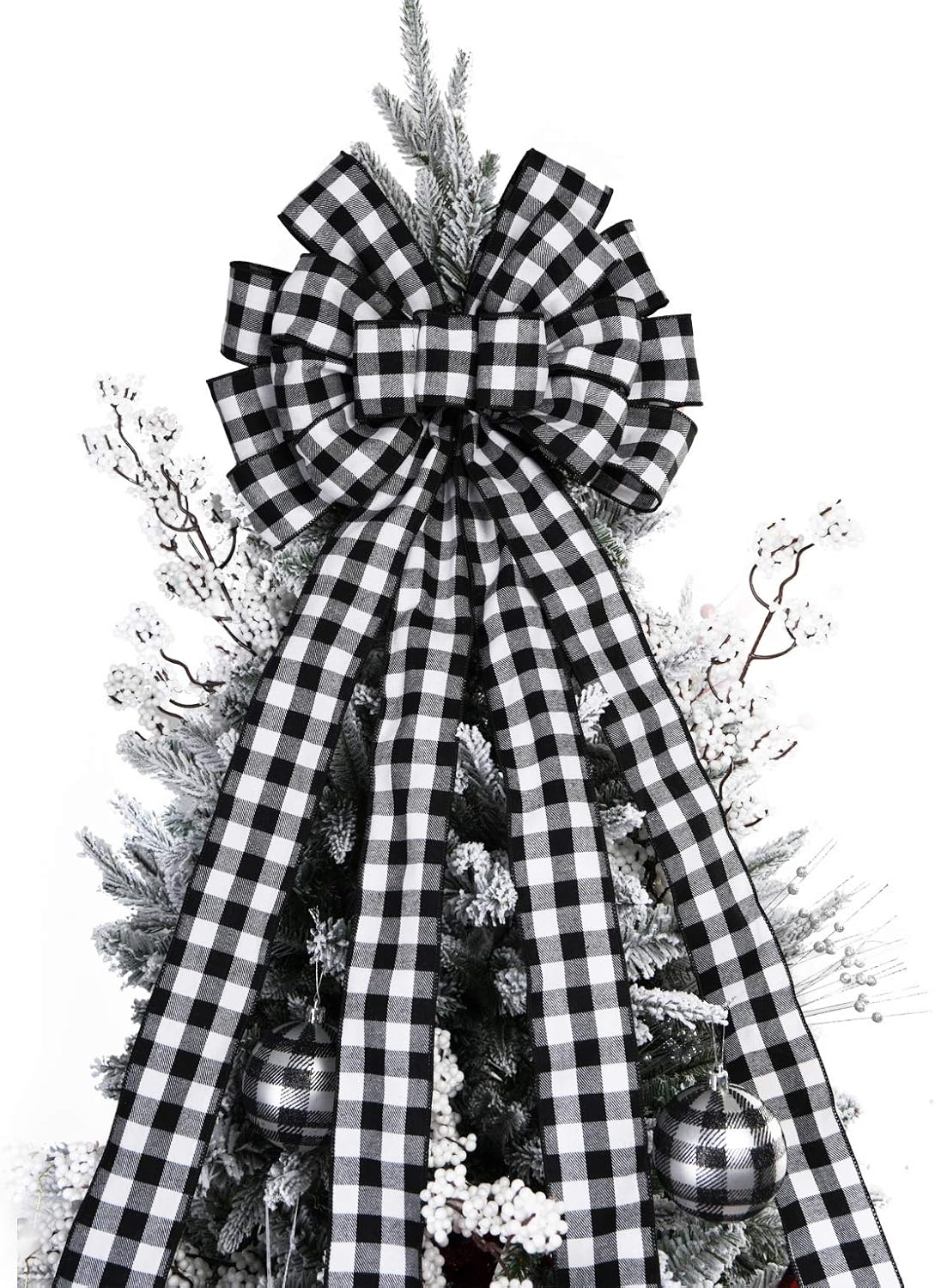 Regine Switzerland Christmas Tree Topper - Large Black and White Plaid Bow | 48x13 Inches Decorative Accent