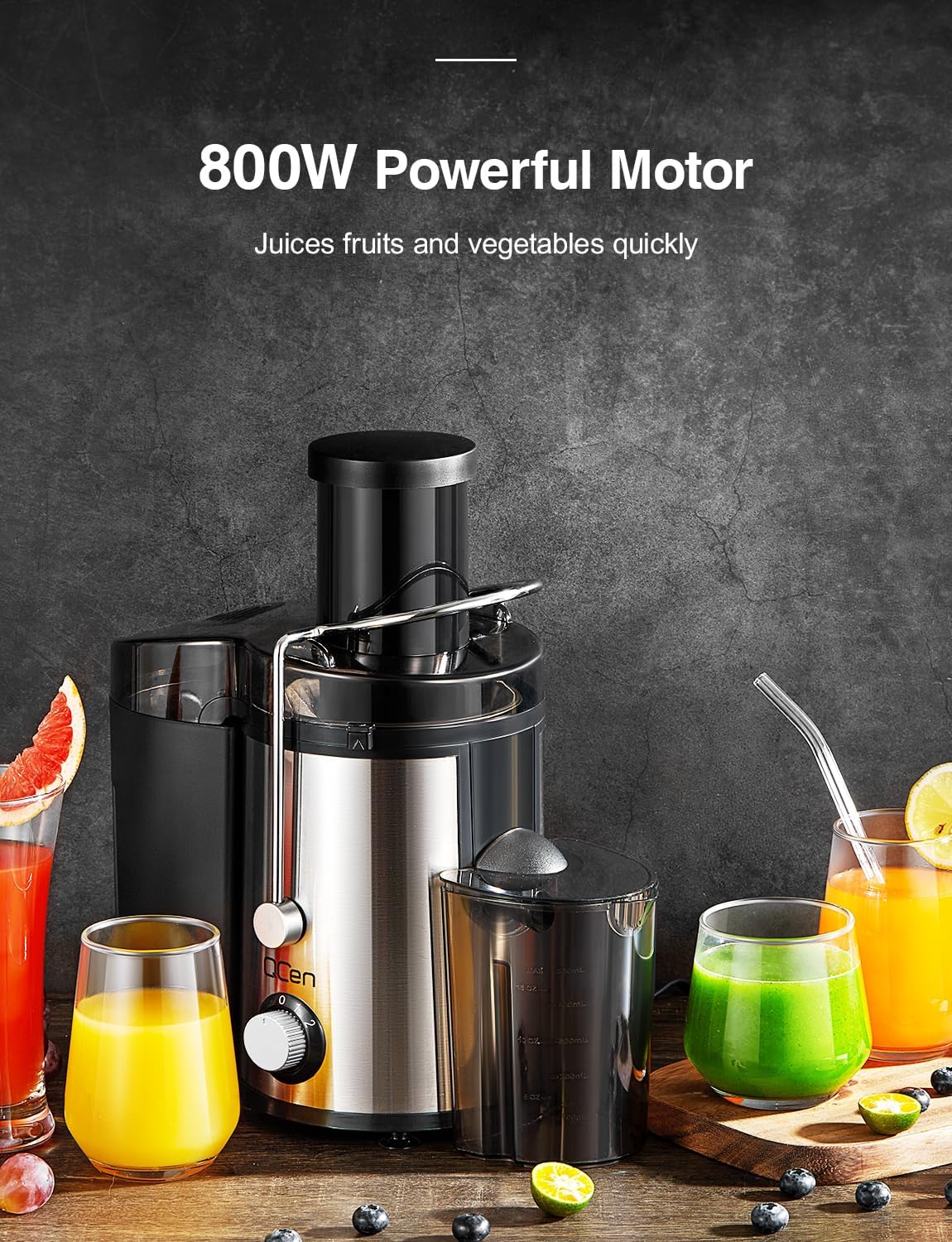 Qcen Juicer Machine - 800W Centrifugal Juicer with 3” Wide Mouth Feed Chute | Easy to Clean, BPA-Free, Black