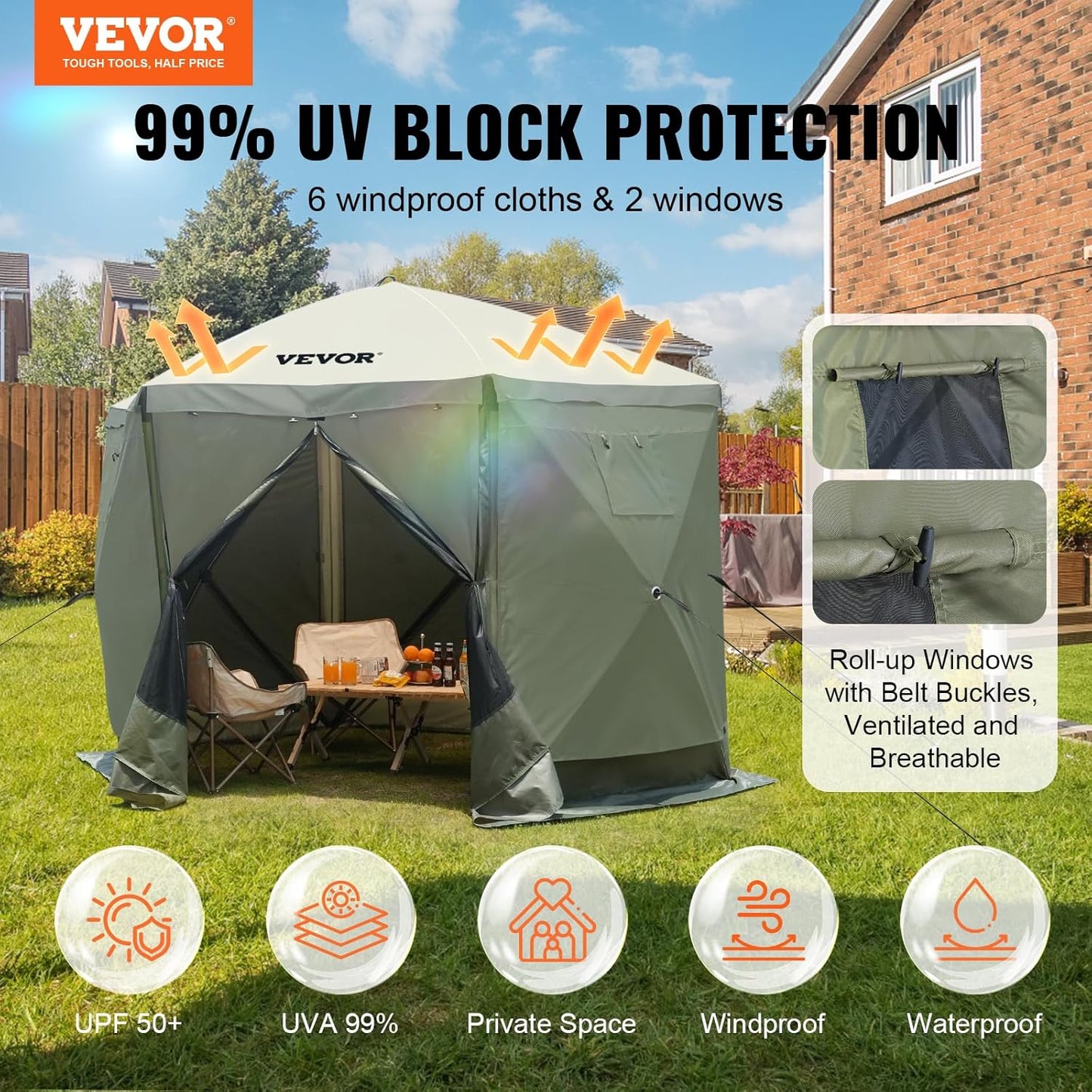 VEVOR Pop Up Gazebo | 6-Sided Canopy Sun Shelter with Removable Privacy Cloths | 10x10FT Army Green