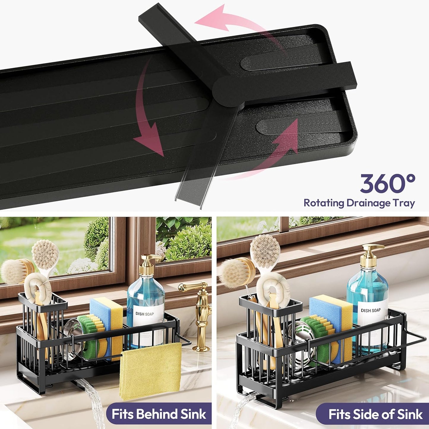 SWTYMIKI Sponge Holder - Self-Draining Kitchen Sink Caddy with Brush Holder | Black Stainless Steel Organizer