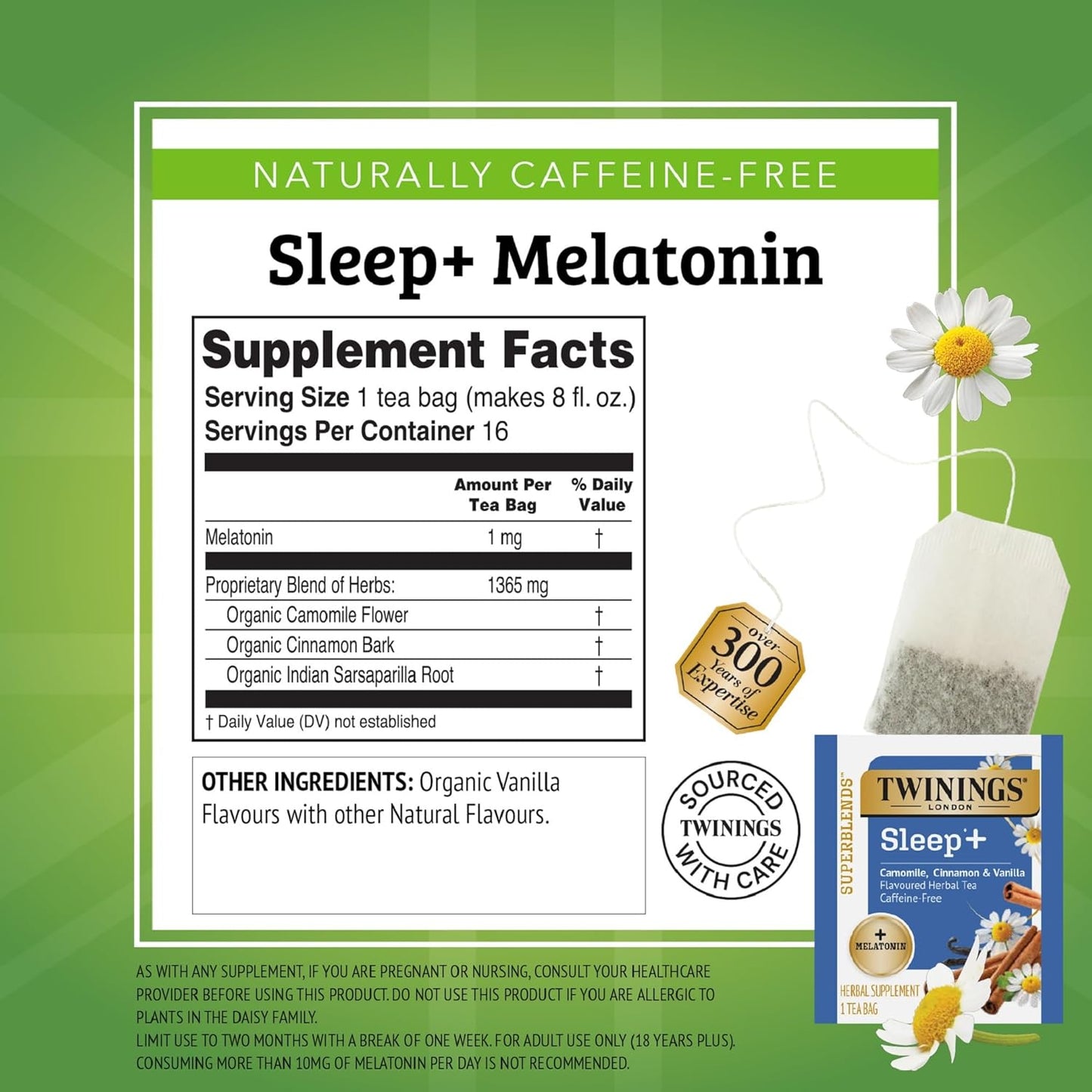Twinings Superblends Sleep+ Herbal Tea - 1mg Melatonin, Chamomile & Vanilla, Caffeine-Free | 96 Tea Bags