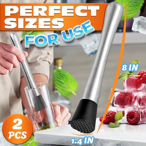 2 Pcs Bar Muddler for Cocktails - 8" Stainless Steel Muddler for Lemonade with Glass-Safe Grooved Nylon Head, Dishwasher Safe - Lemonade Stand Supplies for Mojitos, Citrus, Mint, Herb & Fruit Mixing