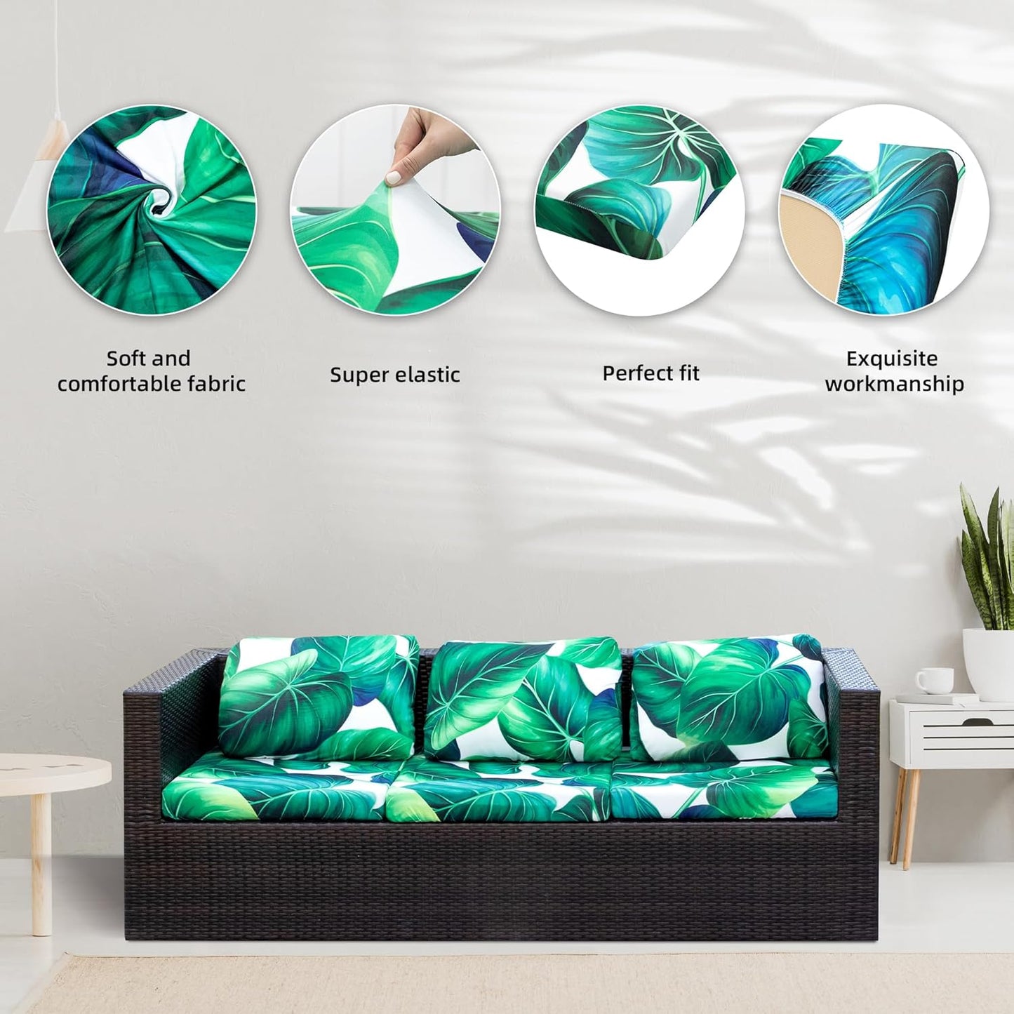 Skiennix Outdoor Couch Cushion Covers - 8 Pcs Washable & Reusable Green Leaf Slipcovers | Patio Furniture Protection