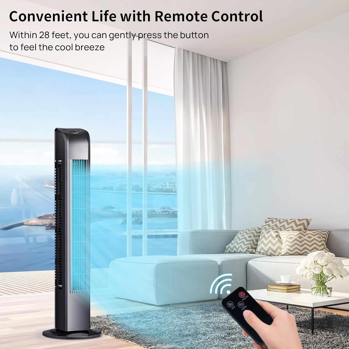 Uthfy Bladeless Tower Fan - 120° Oscillation, Remote Control, 3 Modes, 30 Inch, Black