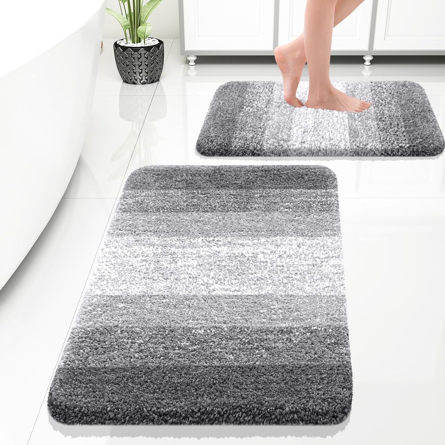 OLANLY Bathroom Rug Set - Soft Absorbent Microfiber Non-Slip Mats | Plush Shaggy Design (Grey, 30"x20" + 24"x16")