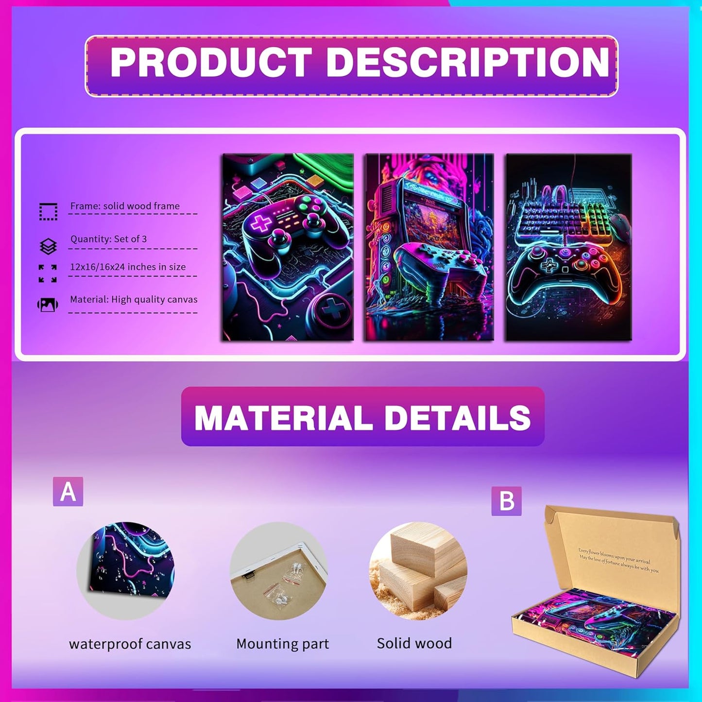 BGFCE Neon Gaming Accessories Canvas Wall Art Set of 3 | Framed Posters for Game Room Decor 16x24in